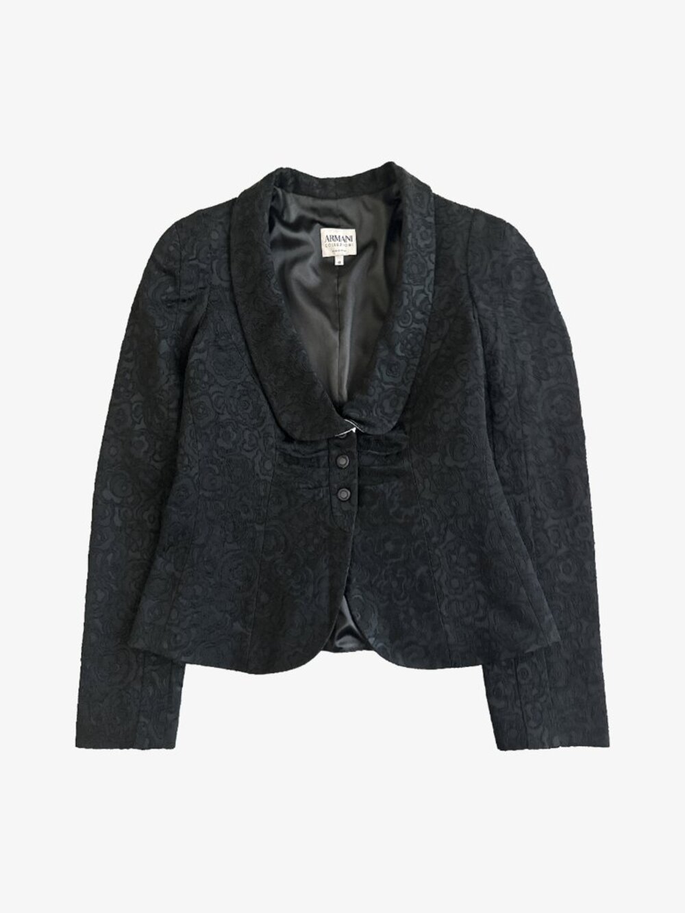 Black Floral Rose Shawl Collar Jacquard Peplum Blazer by Armani Collezioni